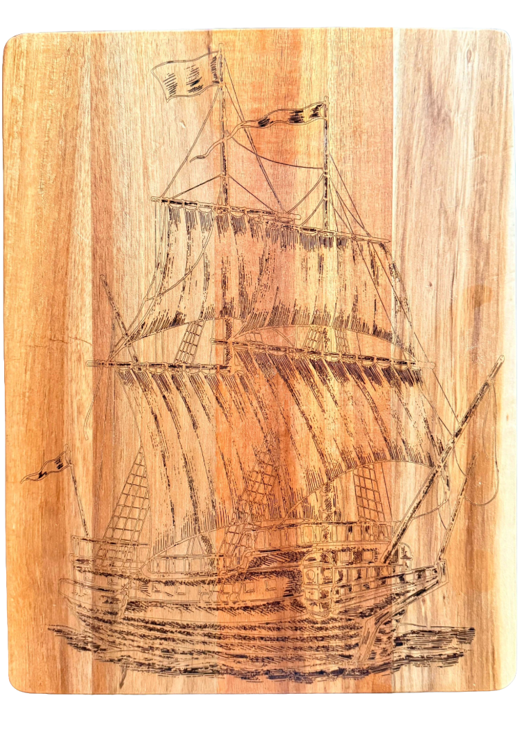 Acacia wood cutting board with ship engraving